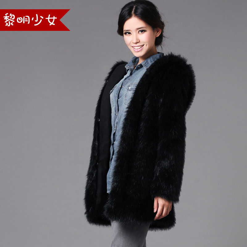 2012 medium-long plush fleece outerwear faux with a hood top hooded faux overcoat