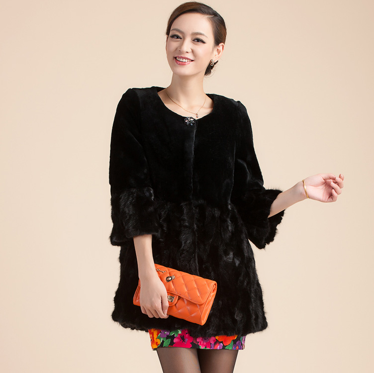 2012 mink fur female overcoat rex rabbit velvet slim medium-long o-neck