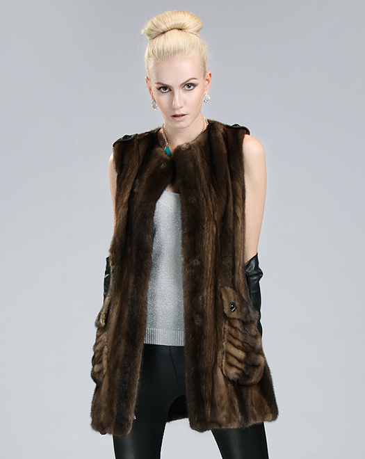 2012 mink fur leather coat brown sleeveless large pocket medium-long vest