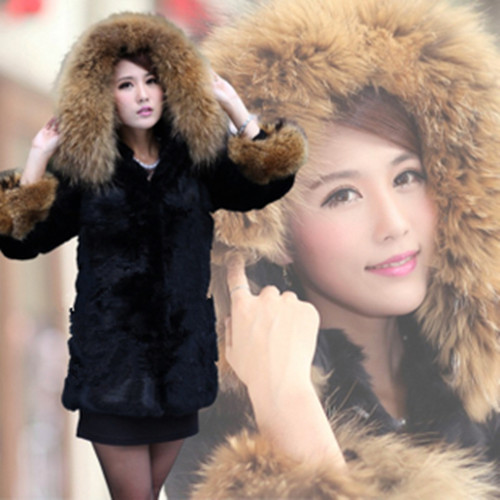 2012 mink hair fur overcoat with a hood women's outerwear faux