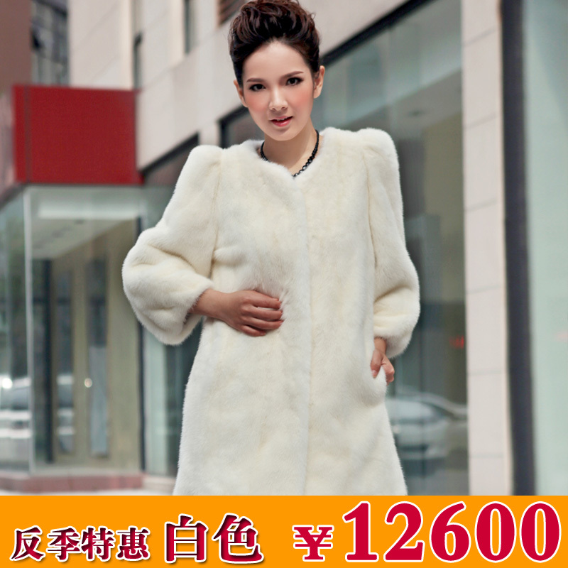 2012 mink white marten fur overcoat o-neck 1125 leather coat