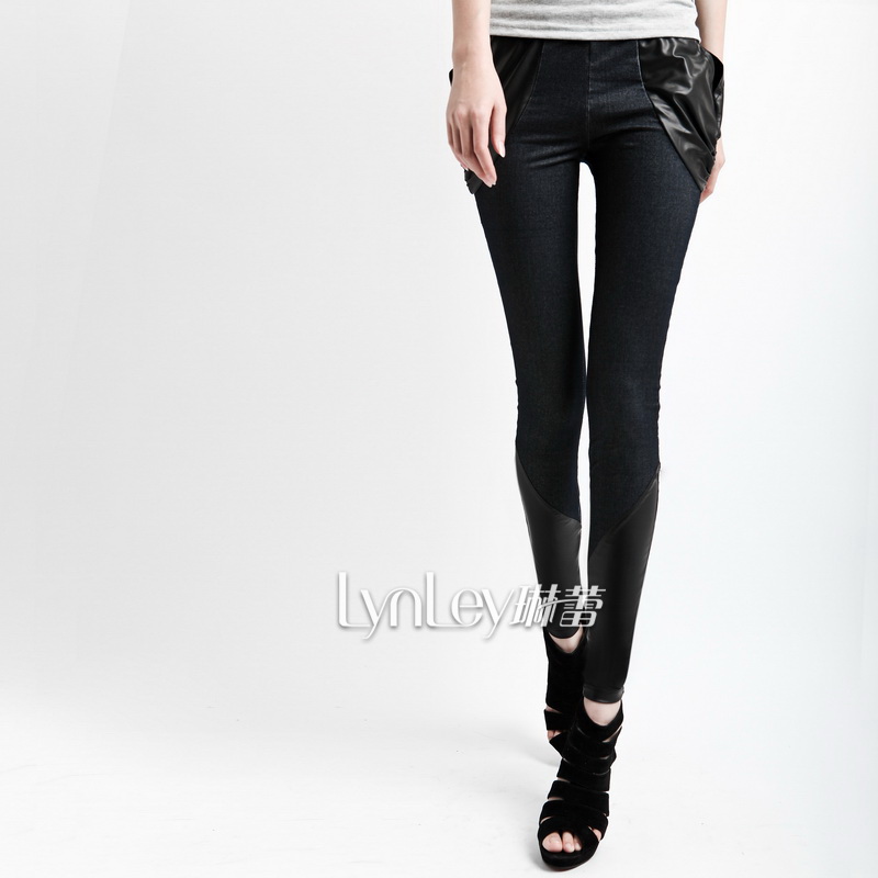 2012 mm pants summer legging faux leather faux denim patchwork pocket