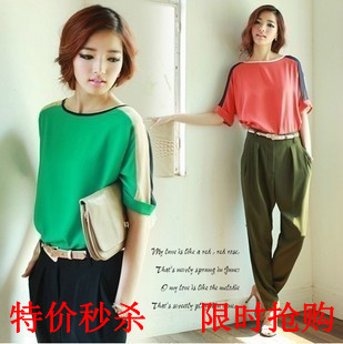 2012 mm plus size clothing loose fresh haircord color block decoration chiffon shirt short-sleeve T-shirt