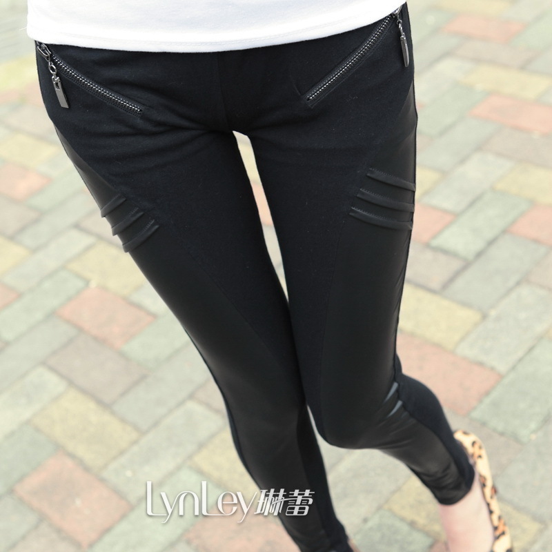 2012 mm women's ankle length trousers legging dull faux leather cotton cloth patchwork zipper