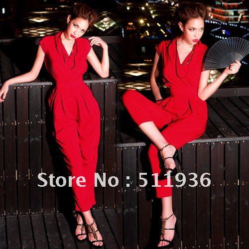 2012 Most Fashion Womens Cap Sleeve Stylish Jumpsuits Romper Overall Long Pants Trousers Red Black #C51801