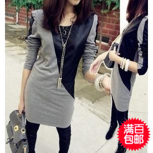 2012 mushroom women's slim patchwork leather handsome long design t-shirt