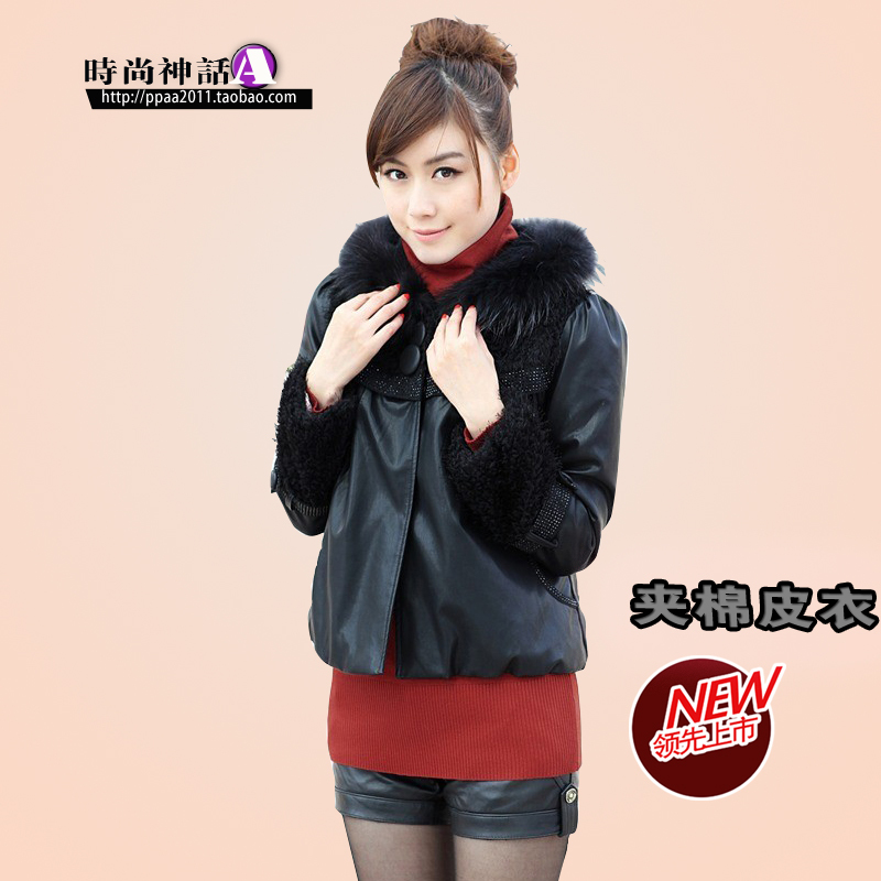 2012 new arrival autumn and winter women raccoon fur cotton-padded thickening water washed leather clothing outerwear