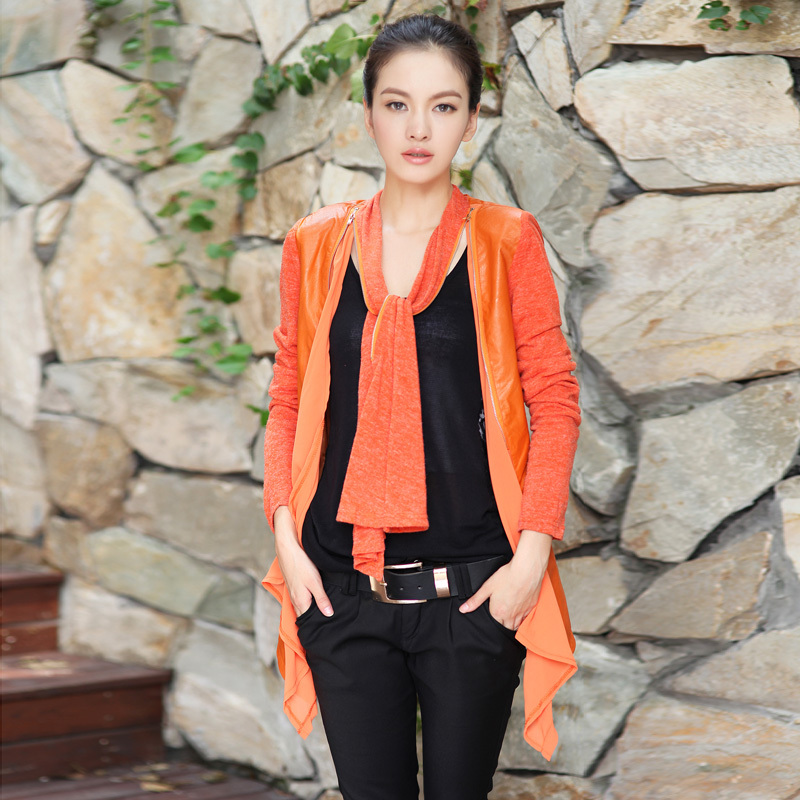 2012 new arrival autumn women's brief individuality patchwork slim all-match long design leather clothing outerwear