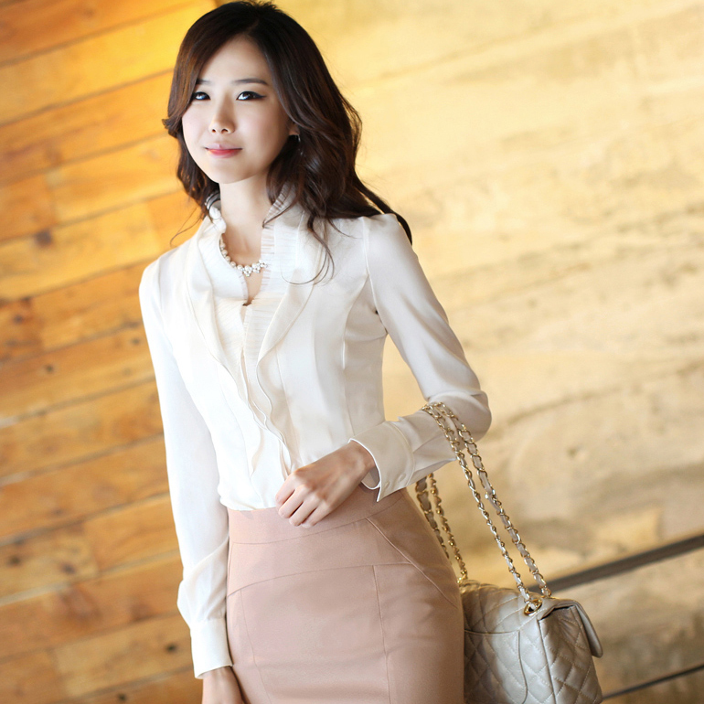 2012 new arrival autumn work wear ol elegant slim chiffon shirt female ruffle long-sleeve shirt women's