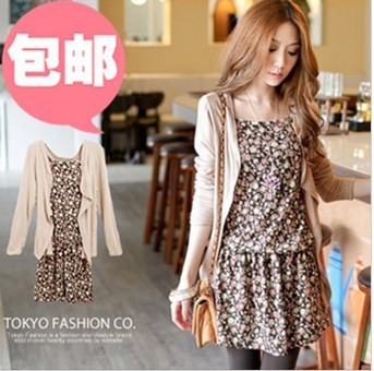 2012 new arrival clothing autumn floral print spaghetti strap shirt cardigan coat twinset female one-piece dress