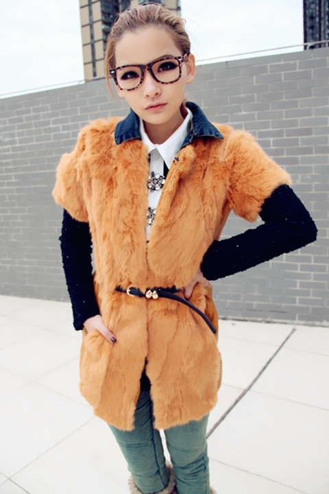 2012 new arrival denim rabbit fur patchwork medium-long bread type fur coat