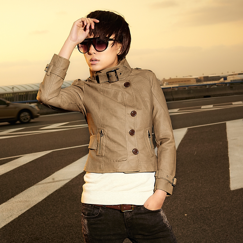 2012 new arrival european version of the stand collar round buckle small leather clothing female spring outerwear 21g8530