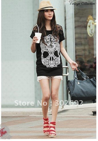 2012 new arrival fashion big size loose lace short sleeve skull pure cotton woman t-shirt FREE SHIPPING