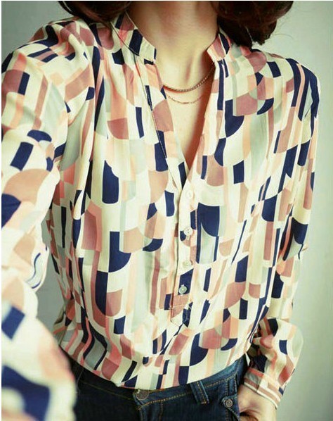 2012 New Arrival fashion woman Chiffon blouses Long sleeves printed  shirts free shipping CONTRAST COLOR