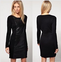 2012 New arrival Fashion Women Elegant Black PU leather Dresses Ladies patchwork long sleeve Casual Slim vintage OL career dress