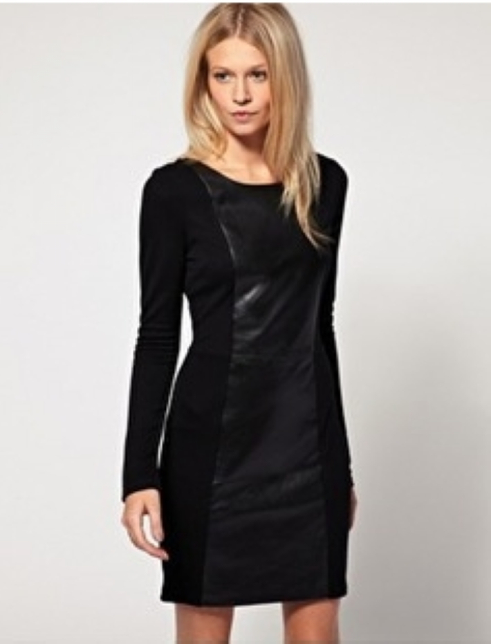 2012 New arrival Fashion Women Elegant Black PU leather Dresses Ladies patchwork long sleeve Casual Slim vintage OL career dress