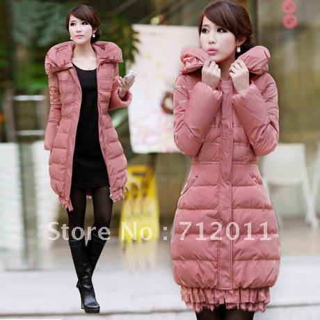 2012 new arrival+ free shipping  female lace decoration down coat ,medium-long slim down jacket ,pink, white, black,size S-XXL