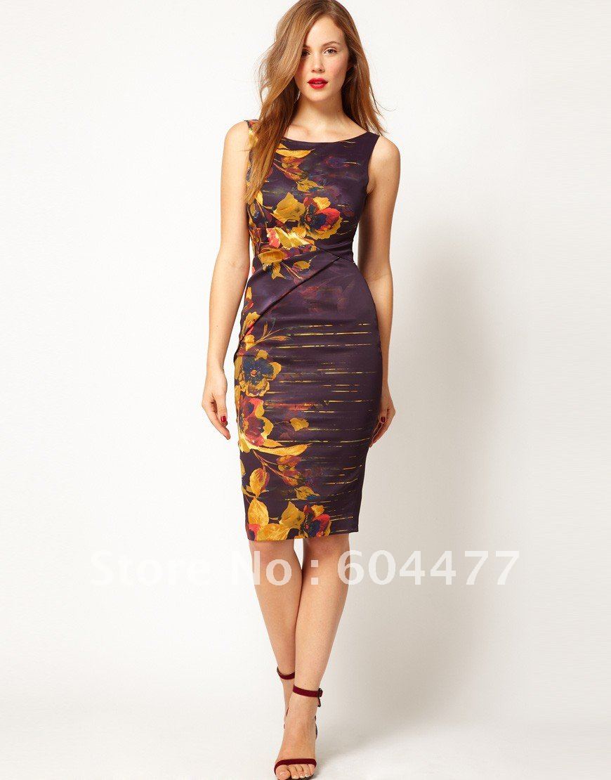 2012 new arrival Free Shipping Women's Fashion Sexy Slimly Boat neck Printed Sleeveless Dress knee-length DP180 S M L XL XXL