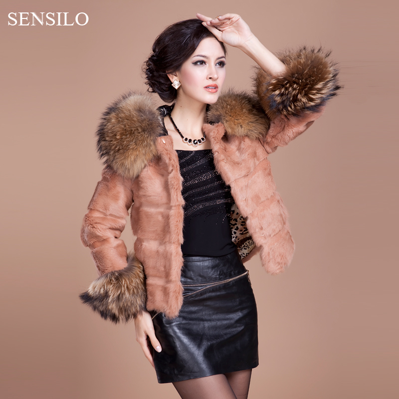 2012 new arrival! gorgeous Noble full piece women's rabbit fur leather fur coat raccoon fur hat fashion short winter coat