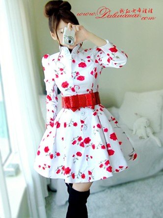 2012 New Arrival High Quality Elegant Stand Collar Rose Printed Cotton Long Coat White Free Shipping