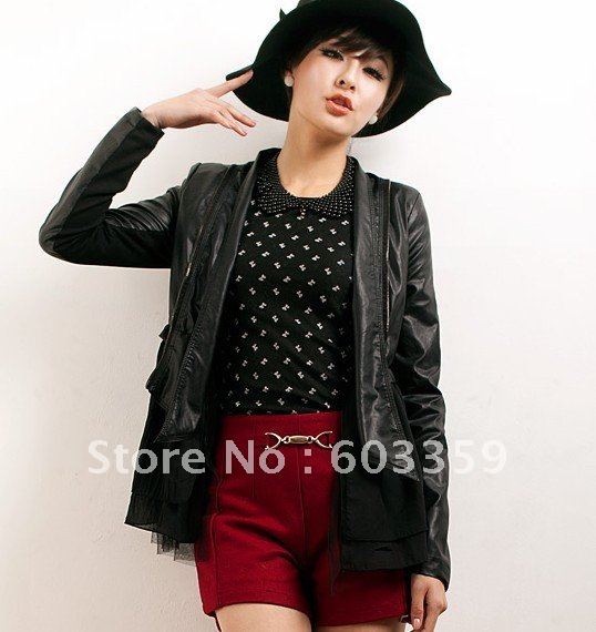 2012 New Arrival High quality ladies Brand Motor skinny Lace PU leather jacket,fashion outwear&coat,Asian:M-XL,Black,#1185