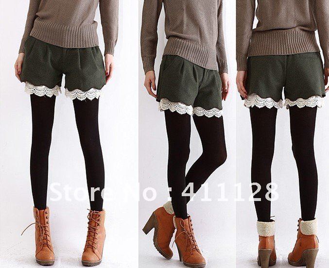 2012 New arrival High Waist and Slim shorts with thin lace bordered  woolen shorts fashion bootcut