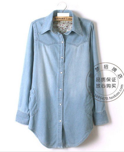 2012 New Arrival Jeans Blue Color Thin Medium-long Denim Shirt Long-sleeve Women's Plus Size Outerwear Blouse