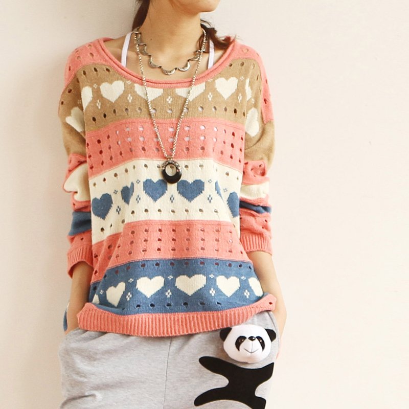 2012 new arrival ladies' love pattern cute sweater, hollow colorful t-shirts,casual wool blouse,retail and wholesale