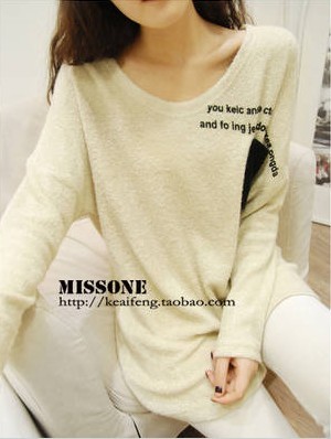 2012 new arrival loose women's casual batwing sleeve pocket letter fleece lady's long sleeve shirt  flora 2013 spring cloth