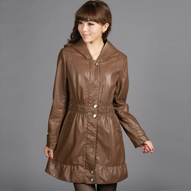 2012 new arrival medium-long with a hood slim leather clothing leather clothing female genuine leather coat women