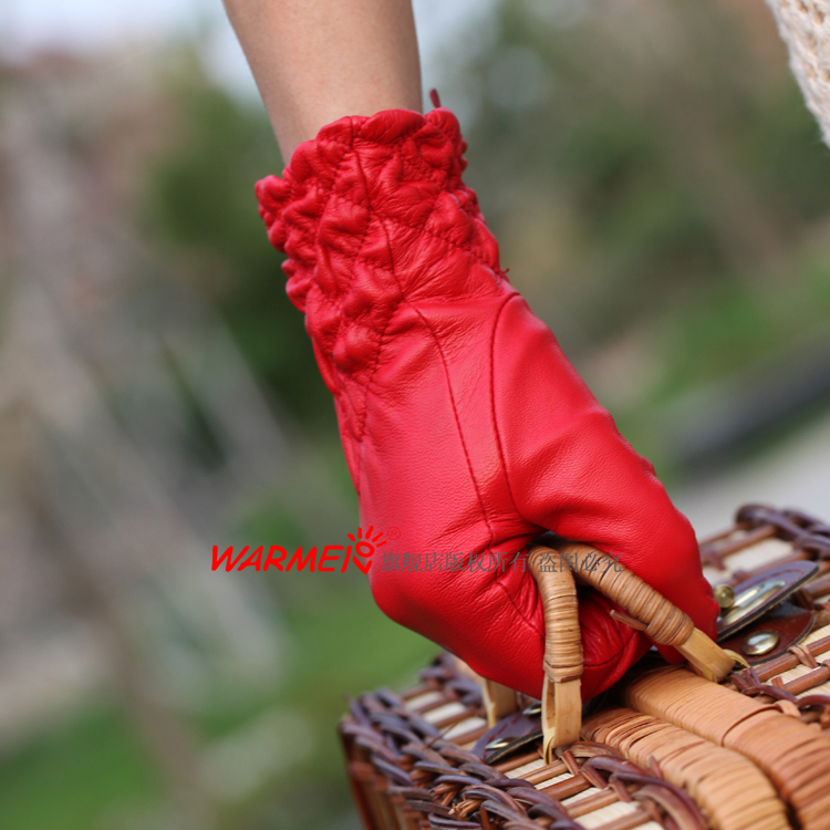 2012 new arrival  pleated women's drape genuine leather Sheepskin glove 1pair/lot #4 color