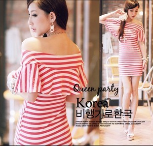 2012 new arrival slim summer slim hip slit neckline stripe one-piece dress