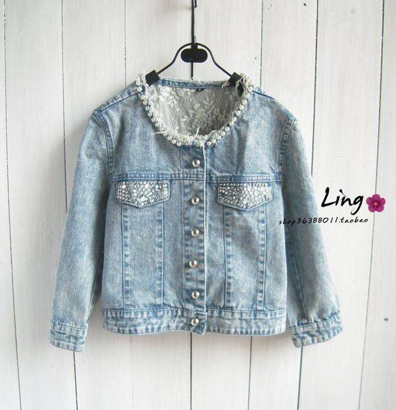 2012 new arrival spring japanese style lace pearl o-neck slim three quarter sleeve short design denim top outerwear