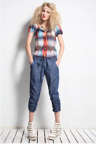 2012 new arrival spring new arrival short sleeve Plaid shirt  capri pants Jumpsuits