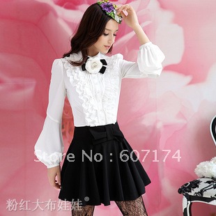 2012 New Arrival Stylish women's Brand white small stand collar ruffle lantern long-sleeve shirt with Broach Size:S-XL #1757