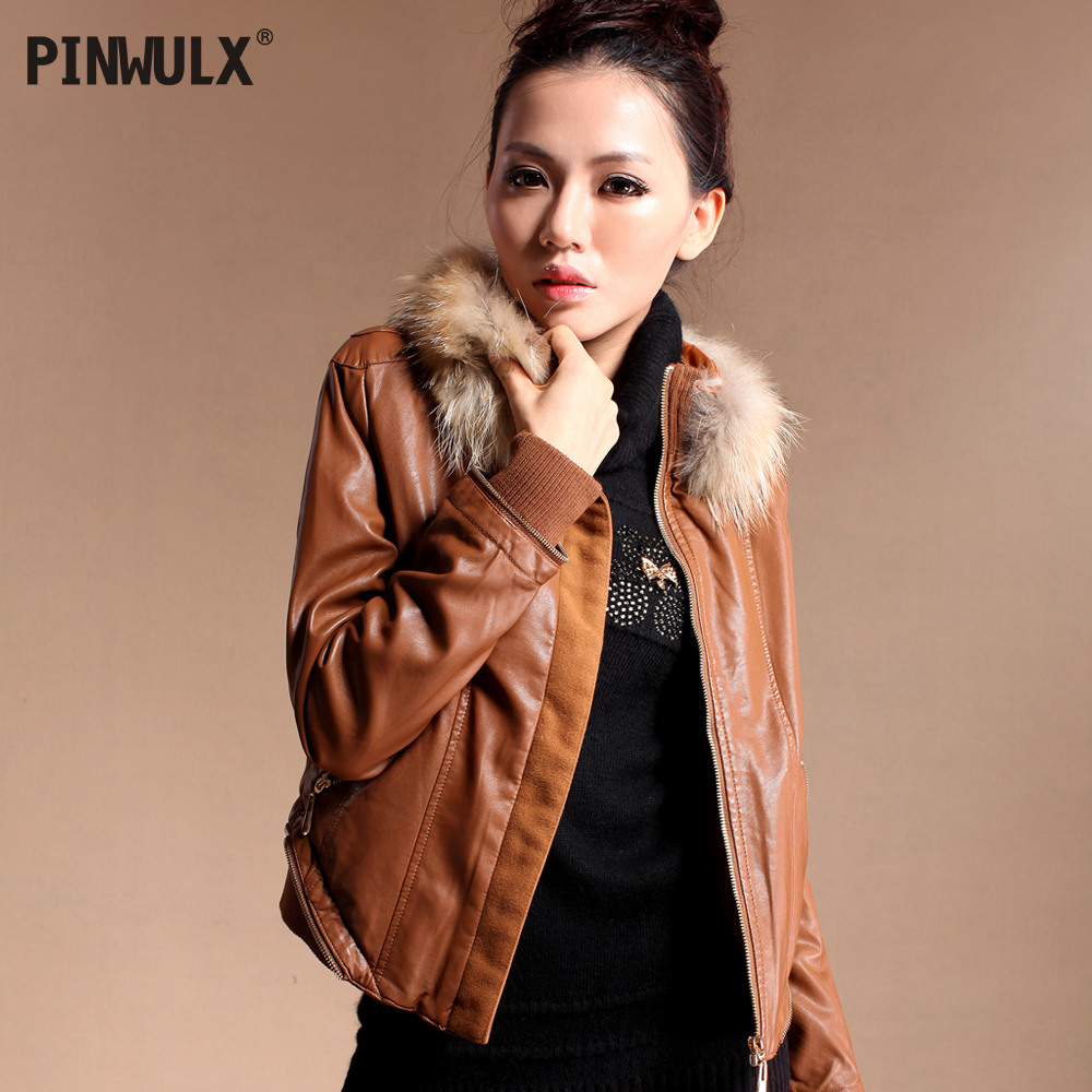 2012 new arrival winter women's fur collar leather clothing short design water wash PU leather jacket stand collar slim