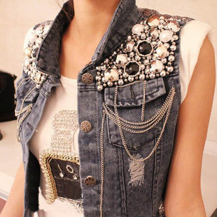 2012 new arrival women's punk lactophrys rhinestone decoration chain motorcycle denim vest