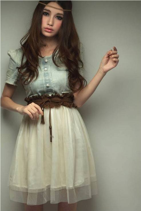 2012 New Arrival Women' s Vintage Jean Denim Party gauze splice  Dress Retro Blue Top White With belt  free shopping