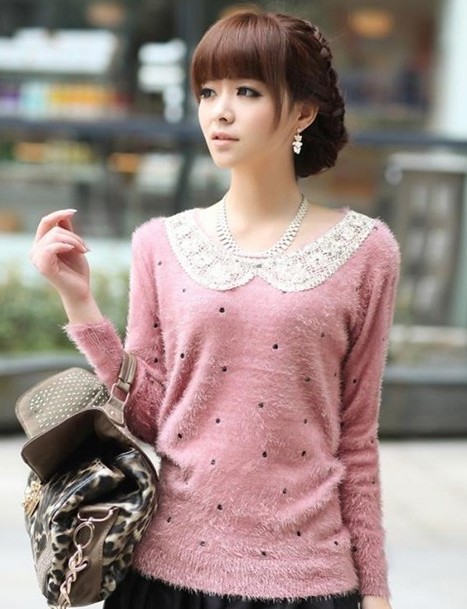 2012 New arrived hotsell women's dot sequined pullovers lace collar sweater 204043 Free Shipping