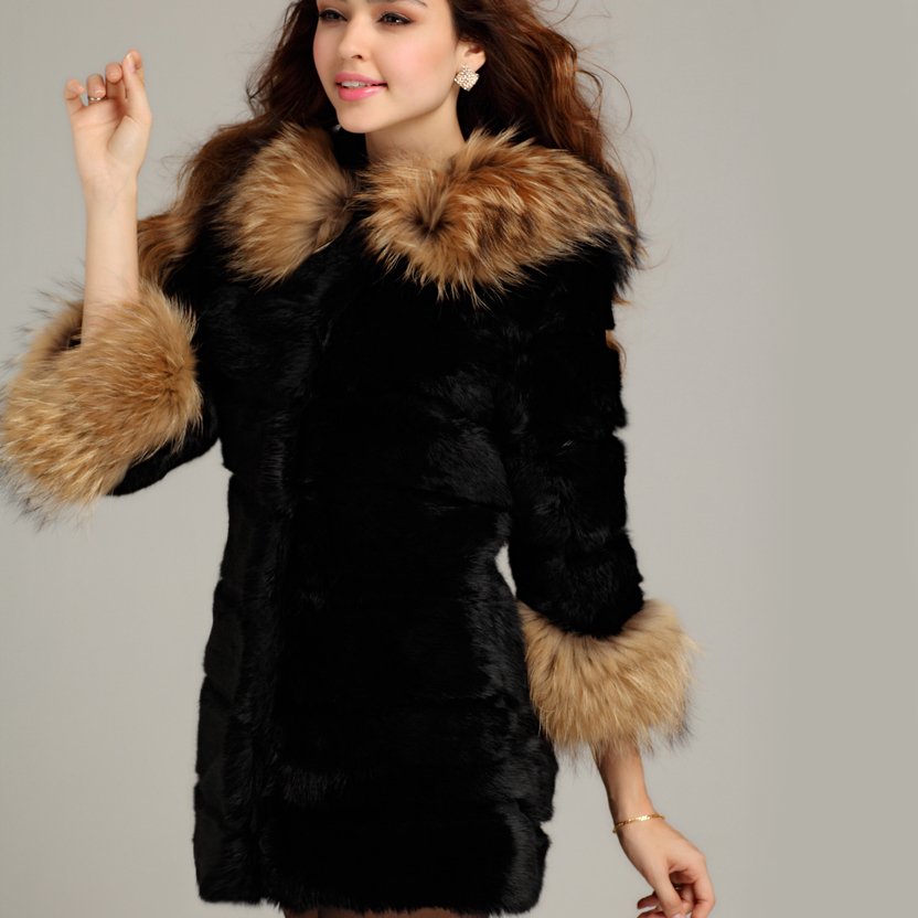 2012 NEW ARRIVEL*HOT*RABBIT FUR COAT WITH HOOD BIG FINNRACCOON TRIMMING*EMS FREE SHIPPING, NO.SU-1256