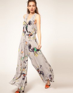 2012 New AsosBohemian Women's bird print chiffon flowering V Neck Jumpsuit Wide Leg Pants