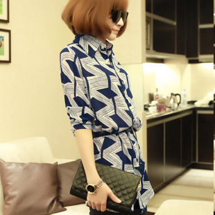 2012 new autumn and winter American wind geometric shirt Lapel long chiffon shirt women shirt women blouse