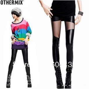 2012 new autumn and winter  The fashion show thin personality splicing PU leather net yarn backing pants Free shipping