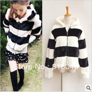 2012 new! autumn and winter women clothes fashion black and white striped imitation rabbit fur coat to keep warm hooded jacket