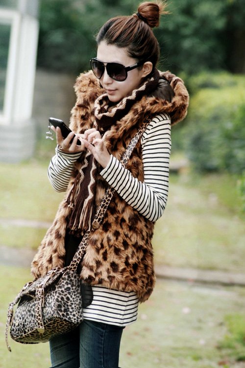 2012 new Autumn and Winter Women's basic style hot sell Leopard grain Faux Fur hooded vest,Drop shipping,free shipping #C0006