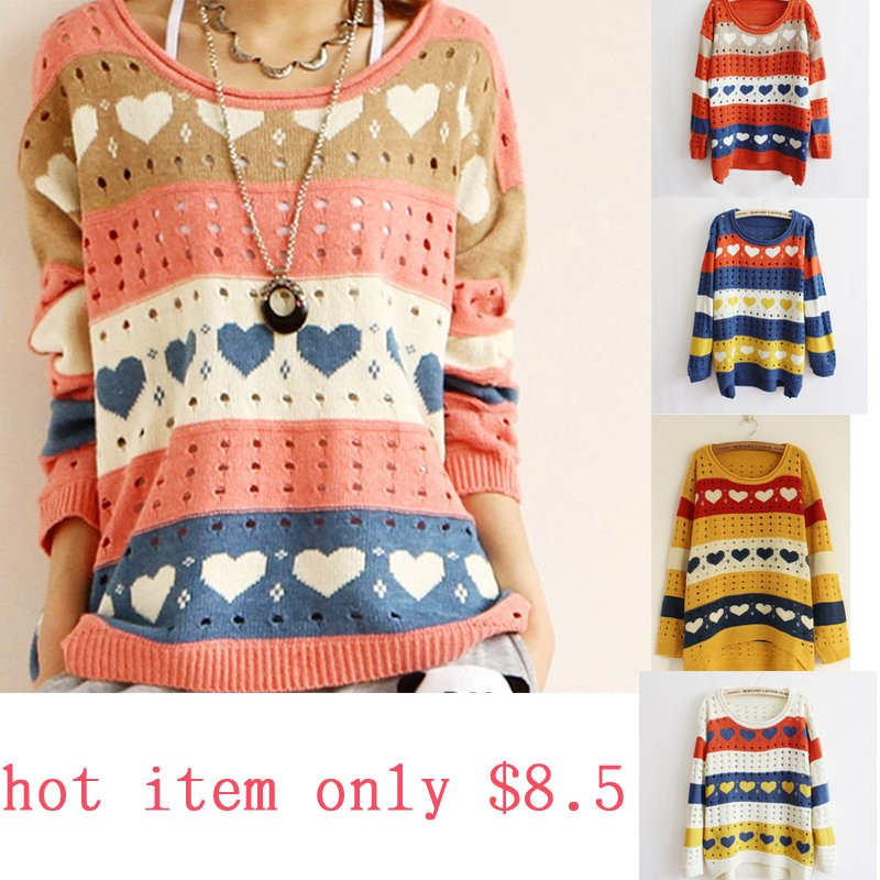 2012 New Autumn CHIC CREW NECK DIPPED HEM LOOSE FIT Top Batwing SWEATER JUMPER five Candy Color Heart Stripe