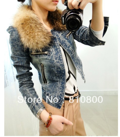 2012 new autumn Korean version of women's jeans removable fur collar jacket fashion coat