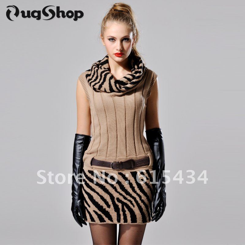 2012 New  Autumn  Style Zebras Striped  Leather Belt Knitting Sleeveless Dresses