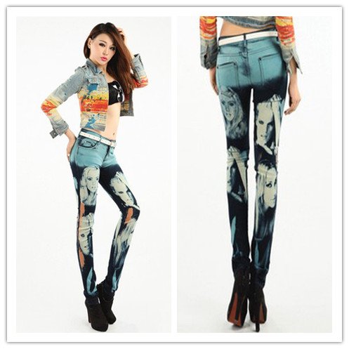 2012 New Autumn&Winter Character Head Colorful Painting Slim Jeans Special Design Elastic Pencil Jean