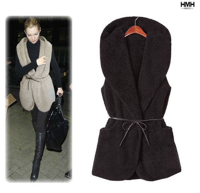 2012 New Autumn Women New Leisure Sleeveless Fur Hooded Jacket Plush Hat Fur Vest With Belt  Free Shipping